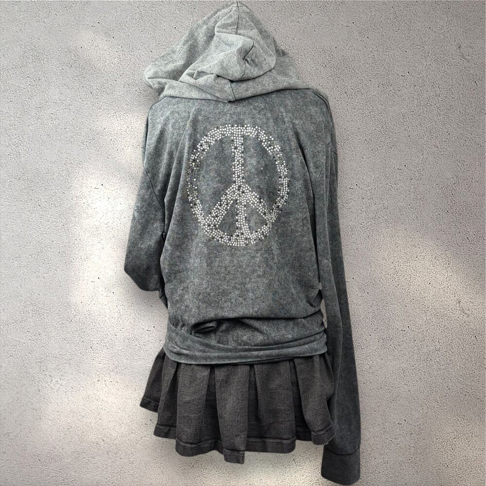Paris Angel Peace Sign Zip-Up Hoodie Women's S Gray Embellished Rhinestone Y2K